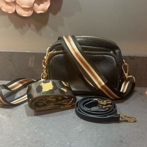Pom Pom Black Leather Crossbody Bag with Three Straps